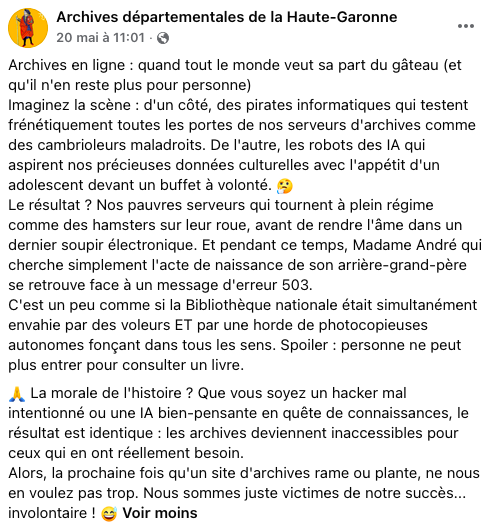 capture du compte Facebook des AD de Haute-Garonne expliquant que les crawlers d’IAG font tomber leur site
